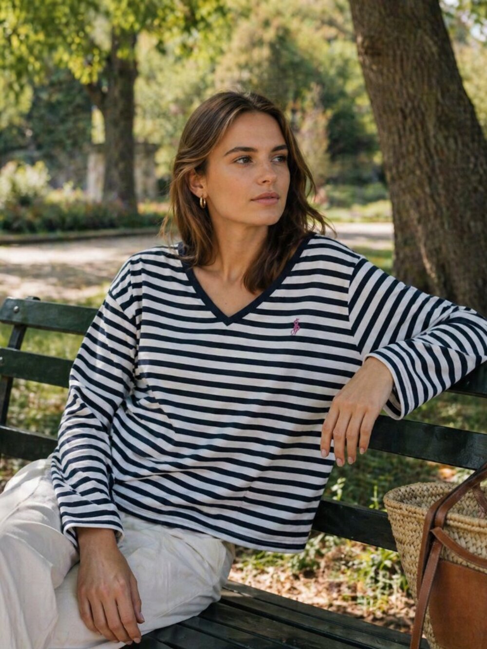 Ralph Lauren Navy and White Striped V-Neck Long Sleeve Top with Pink Polo Pony